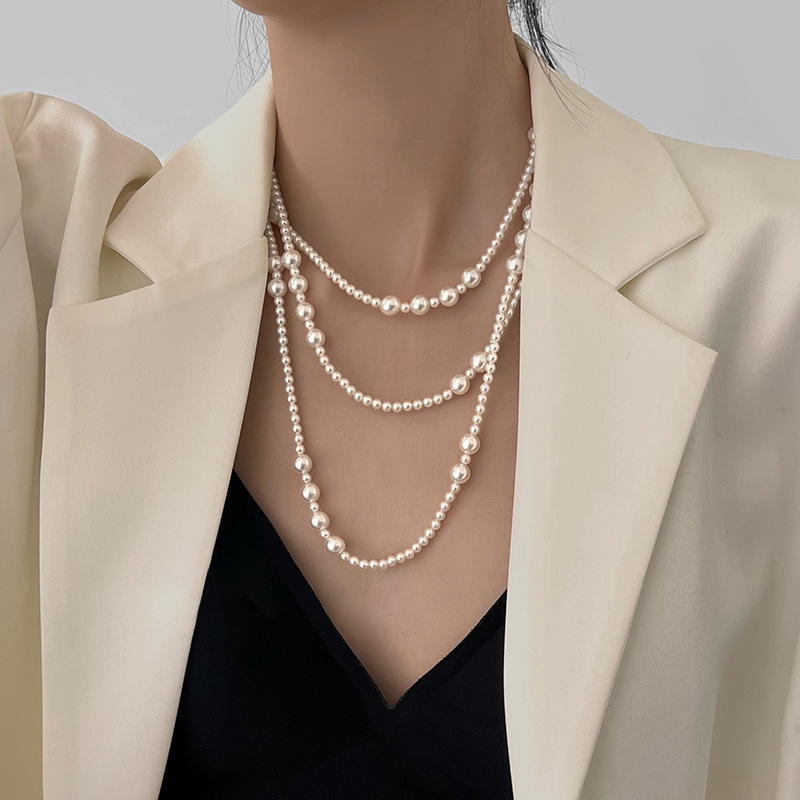 Pearl Choker Necklace Vintage - Colar longo de pérolas multicamadas para