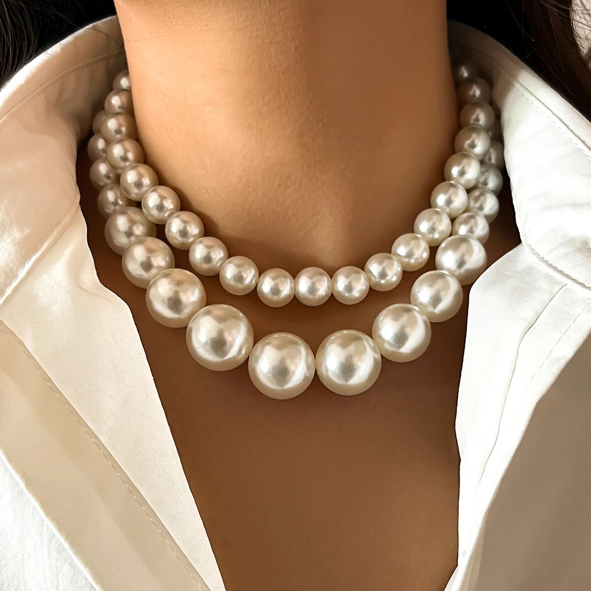 Pearl Choker Necklace Vintage - 2 pçs/set exagerado grande imitação de