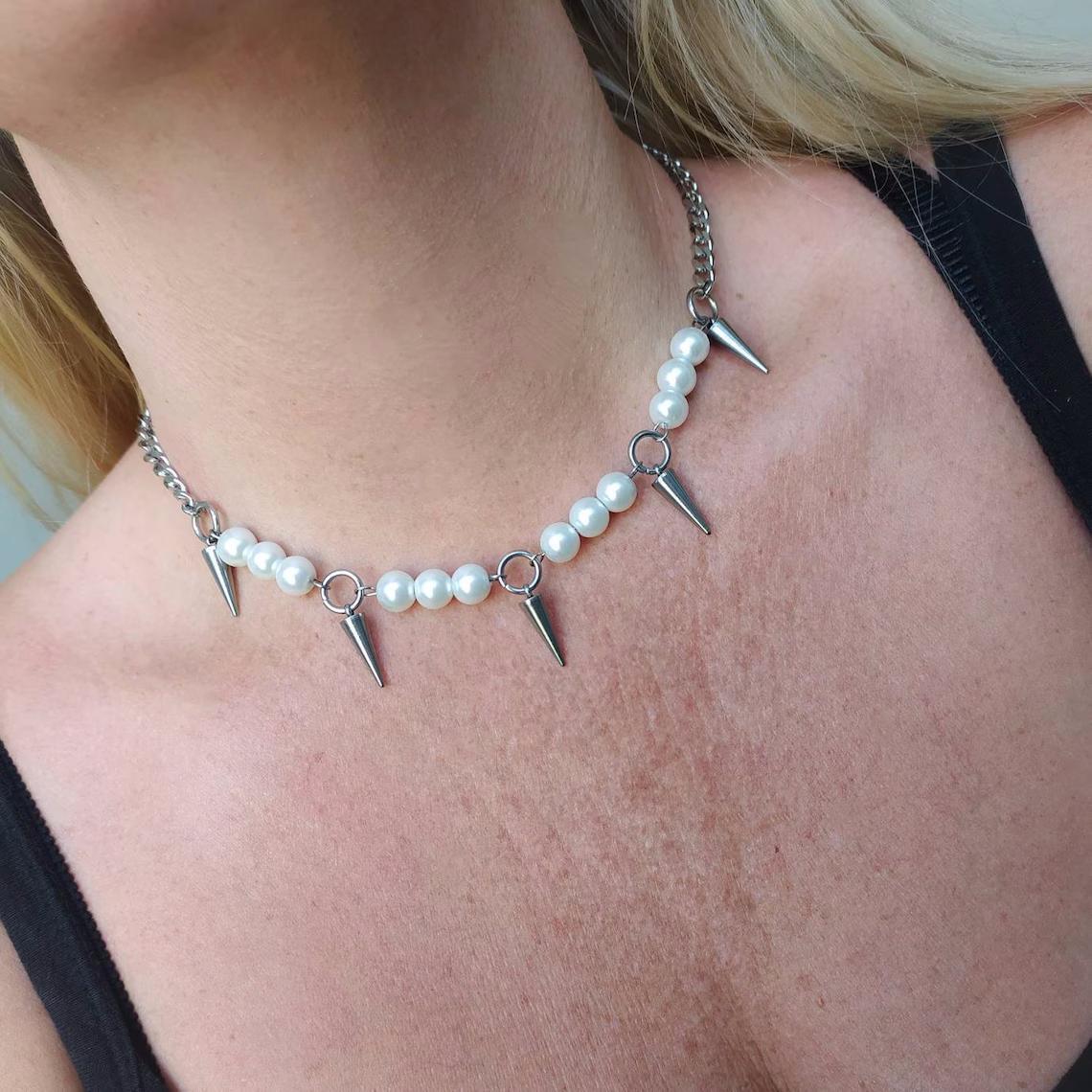 Egirl pérola pico colar diy de - Goth Punk Spike Choker avaliação e preço